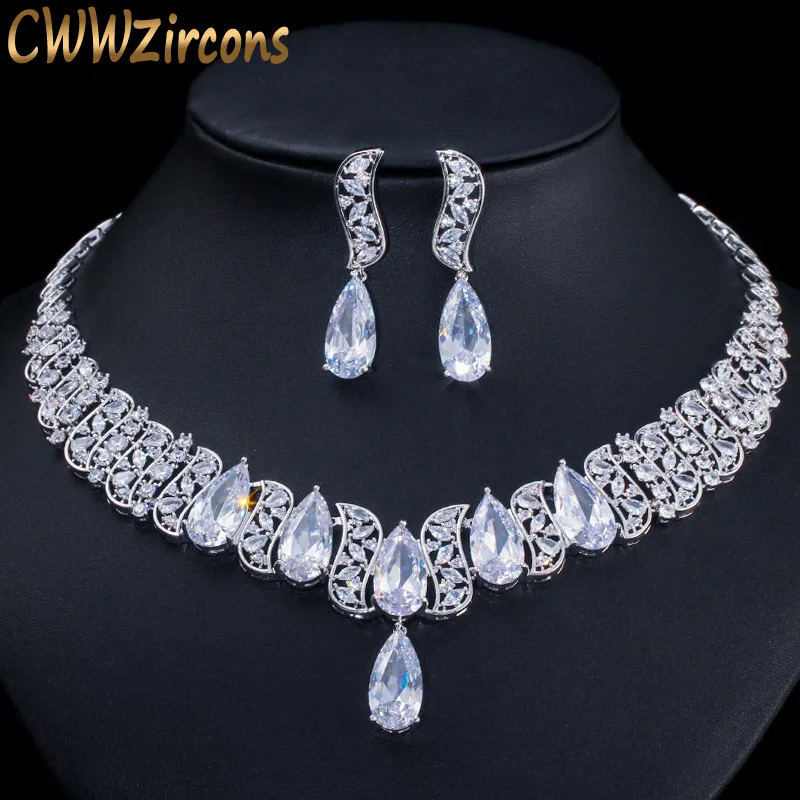 

CWWZircons Luxury Shiny Cubic Zirconia Paved Big Water Drop Women Wedding Necklace Earrings Sets Bridal Party Jewelry T381