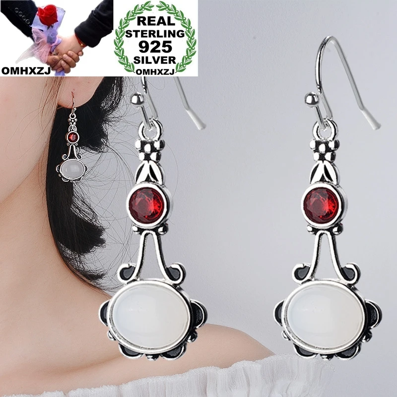 OMHXZJ Wholesale European Fashion Hot Woman Party Birthday Gift Vintage Moonstone Zircon 925 Sterling Silver Drop Earrings EA521