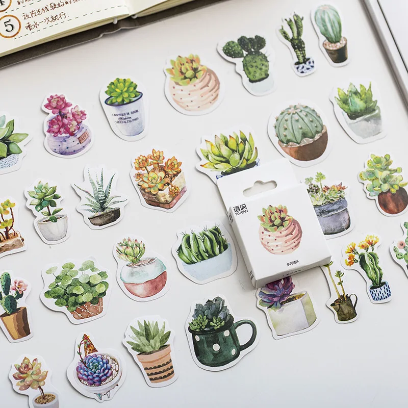 50pcs Succulent Plants Stickers Set 40mm Mini Potting Cactus Seal Sticker for DIY Journal Album Frame Decoration Kids Gift A6386