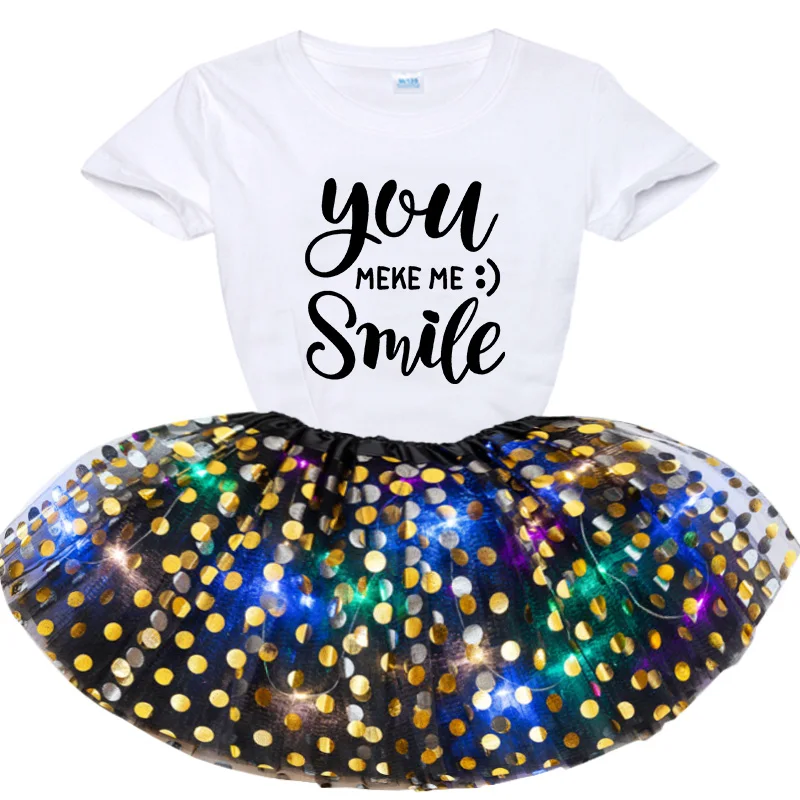 

2021 Girls Personalized Customized Birthday Gift Dress Party Dresses Girl Custom Letter Short Sleeve T-shirt+luminous Skirt Sets