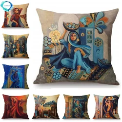 Cotton Linen Decorative Throw Pillow Case Islamic Painting Art Arab Woman Carrying Plate Muslim Home Decor Sofa Cushion Cover