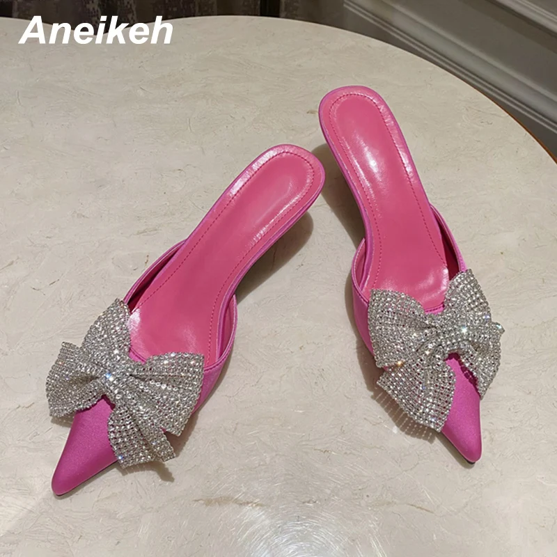 Aneikeh Sexy pointed Toe Mid Heel Spring Women Mules Fashion Butterfly-Knoe Decoration Slip-On Slippers Sandalias Mujer 2024 New