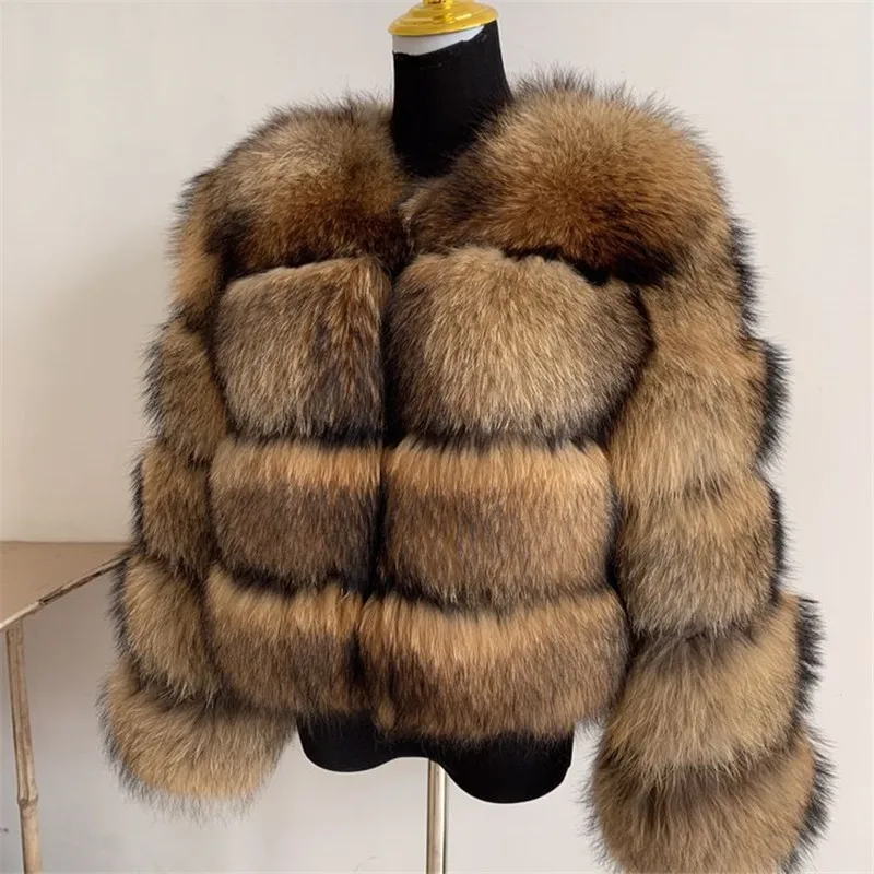 2021Raccoon Fur Coat Ladies Winter Warm Coat Real Fur Coat Natural Raccoon Fur Natural Fox Fur High Quality Fur Long Sleeve Coat