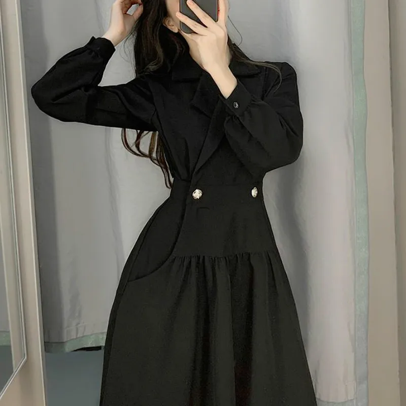 

Black Vintage Dress Women Casual Elegant Slim Dress Office Lady Midi Korean Dress Female Fad Autumn Winter Women's Clothing