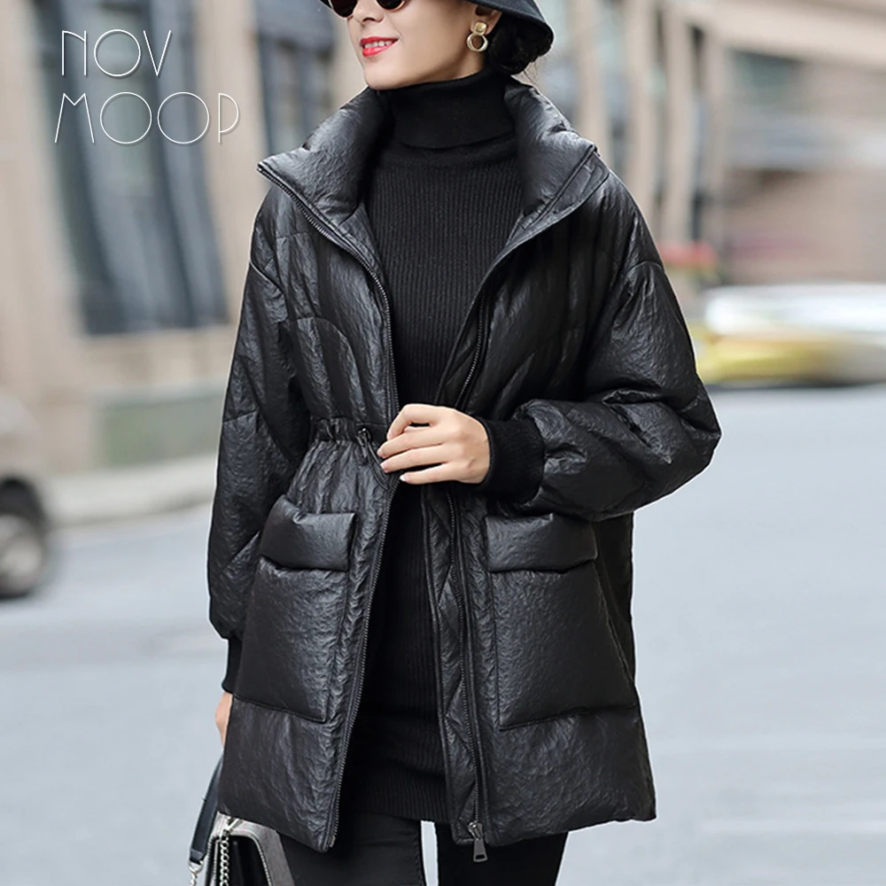 Novmoop genuine leather women down coat deep winter simple elegant style special surface Chaqueta de cuero para mujer LT3367