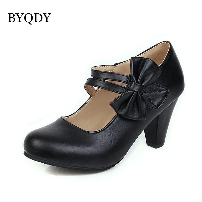 BYQDY Buckle Strap Lolita Shoes Mary Jane Pumps For Women High Heels White Pink Bow-knot Block Heels Shoes Wedding Bride Pumps