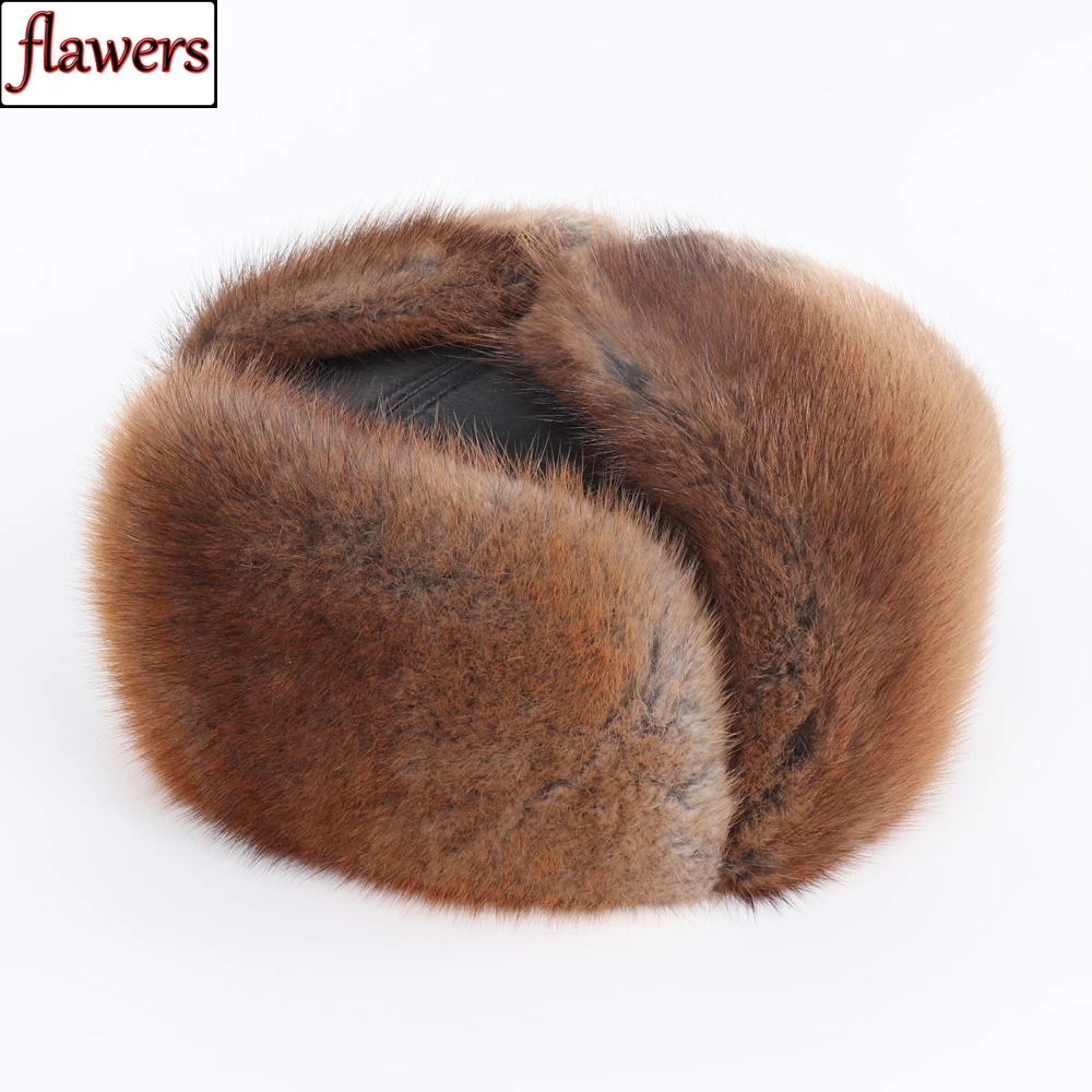 New Winter Men 100% Natural Muskrat Fur Bomber Hats Male Warm Real Muskrat Fur Hat Outdoor Man Genuine Sheepskin Leather Caps