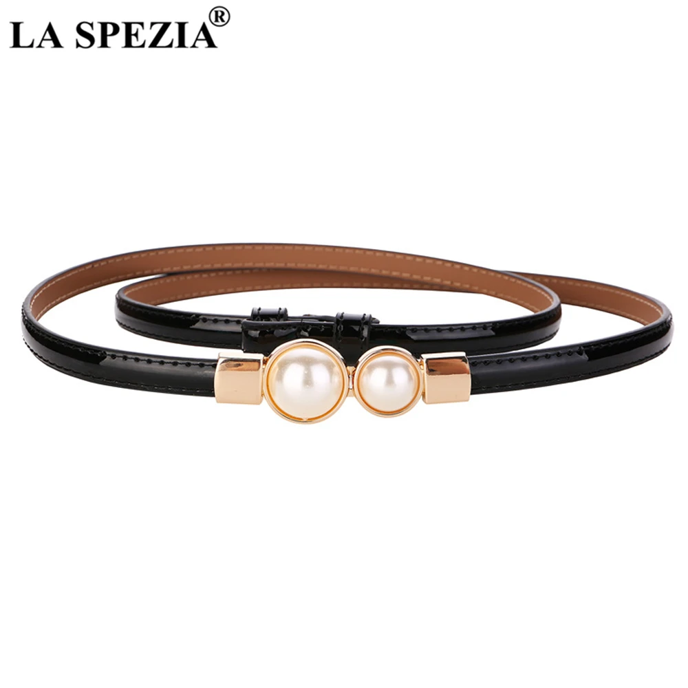 LA SPEZIA Ladies Belt for Dresses Real Leather Thin Women Belt Pearl Buckle Black Red Pink Gold Brand Female Waist Belt 98cm