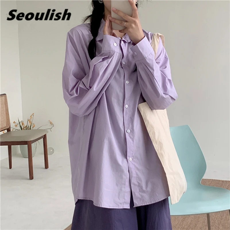 Seoulish 100% Cotton Purple Oversize Women's Blouse 2021 New Korean Style Long Sleeve Button Elegant Loose Female Shirts Tops