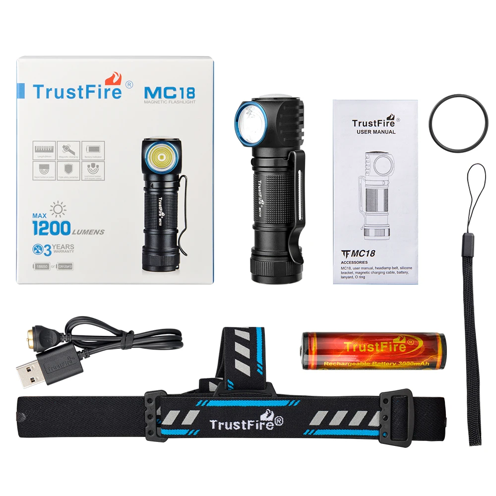 Trustfire MC18 1200 Lumens Led Flashlight Torch EDC & Outdoor Lighting Torch Magnetic Rechargeable 18650 Battery Work Light Lamp