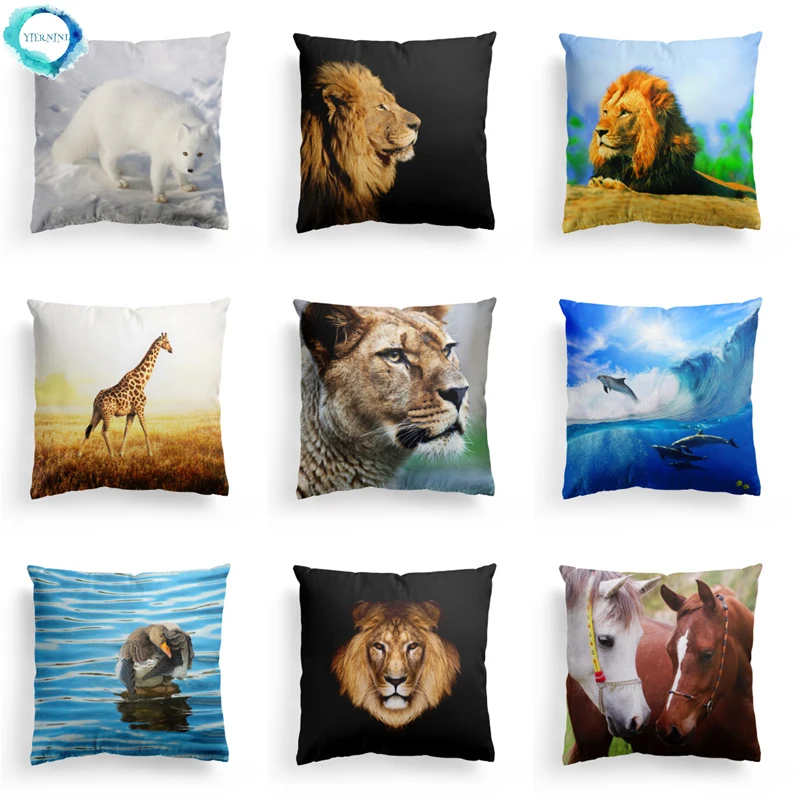 Wildlife World Series Polyester Decorative Cushion Cover Lion Dolphin Horse Home Decorative Pillow Cover for Sofa Car 45x45cm