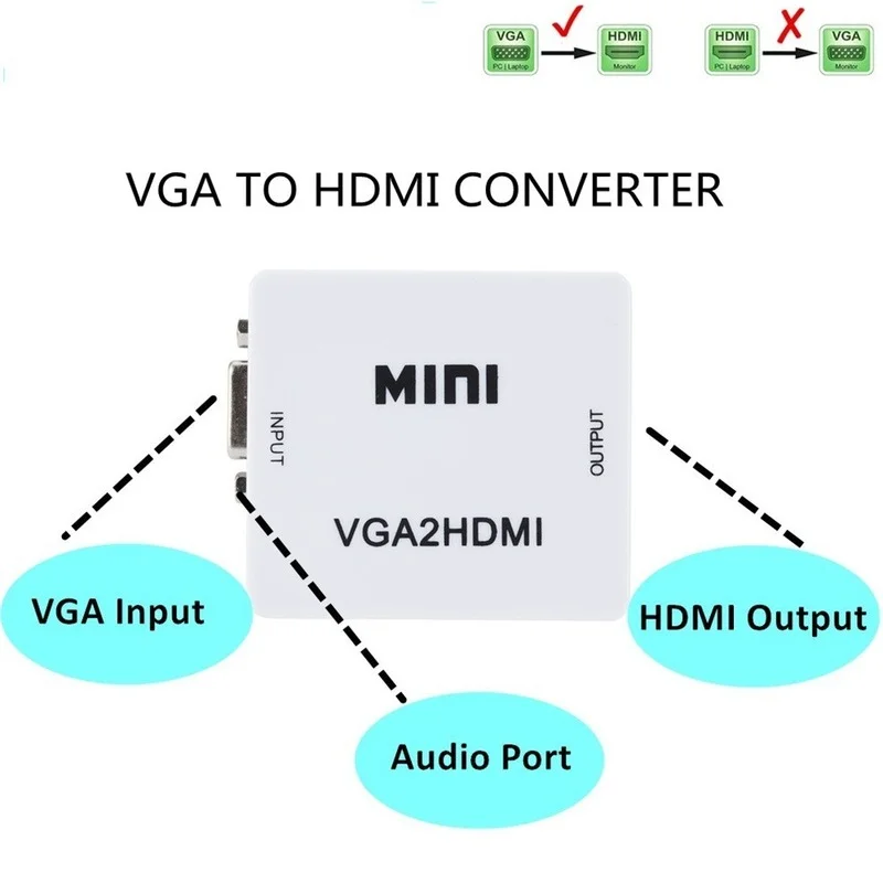 Portable Mini VGA to HDMI-compatible Converter VGA2HDMI Video Box Audio Adapter 1080P For Notebook PC HDTV Projector TV VGA2HDMI