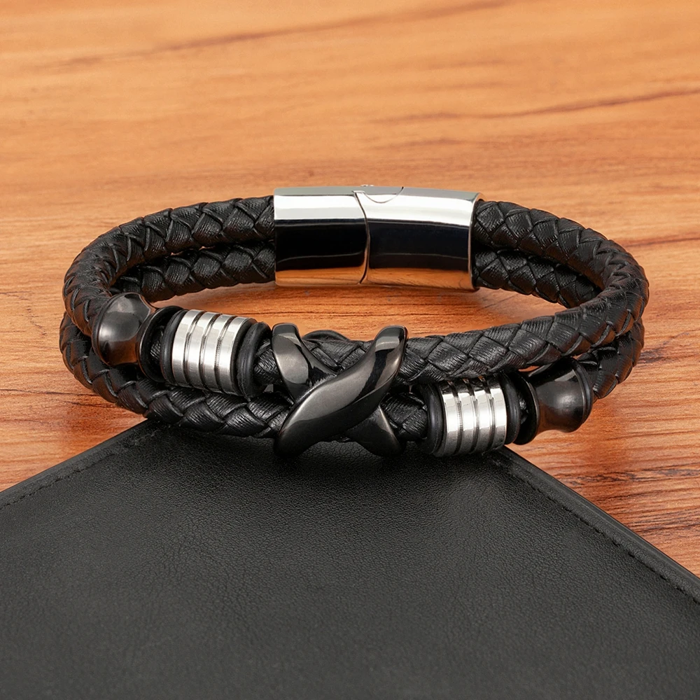 XQNI Classic Style Double Stitching Small Accessories Black Color Stainless Steel Men's Leather Bracelet DIY Design With Sale