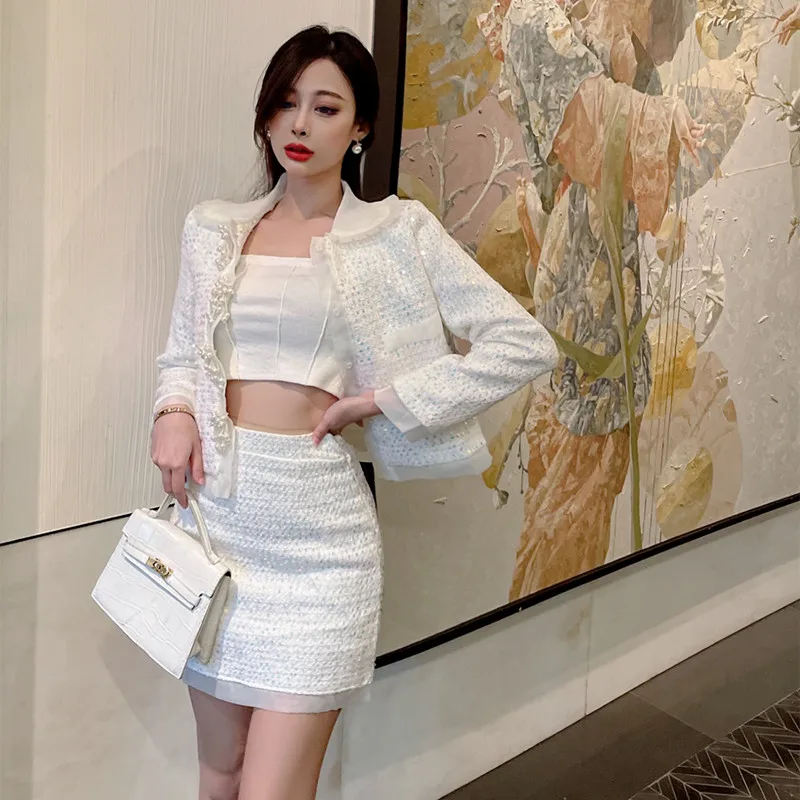 

Fashion Sequins Tweed Two Piece Set Women Vintage Beaded Mesh Patchwork Woolen Short Jacket + High Waist Mini Skirt Suits