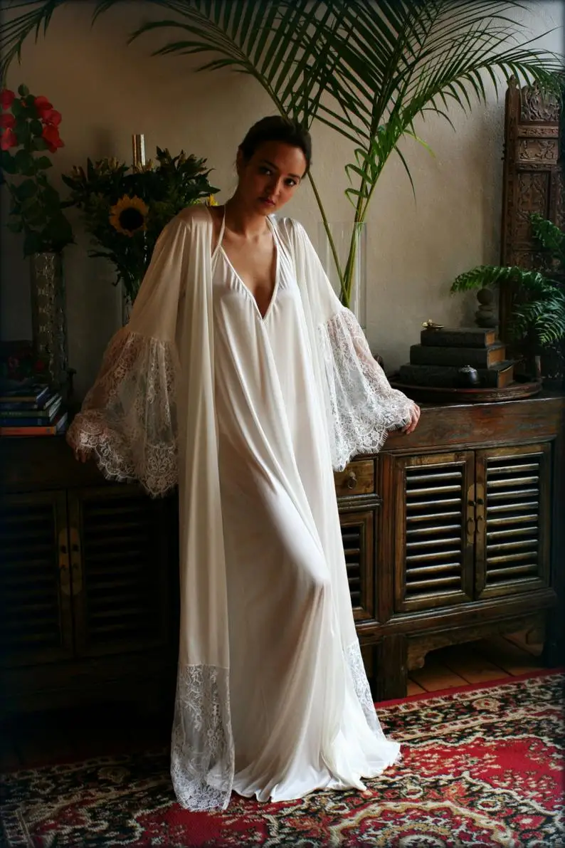 Two Pieces Bridal Robe Lace Trimmed Sleeve Wedding Sleepwear Bridal Lingerie Dressing Gown Kimono Robe Wedding Robe