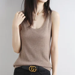 New Women Sexy 100% Worsted Wool Vest Crop Fashion Tops V-Neck Camisole Summer Tank Shirt Ladies Slid Knit Camisole Bottoming