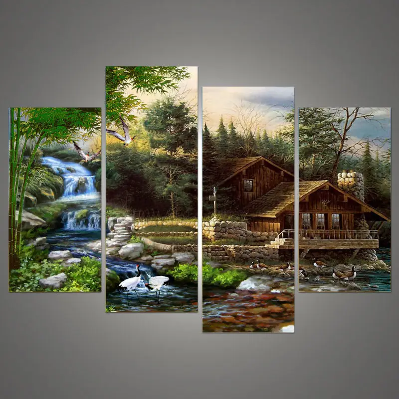 

4 Pieces Waterfall Retro House Landscape Pictures Posters Wall Art Home Decor Canvas HD Print Paintings Modern House Decoration