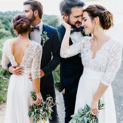 Sexy Lace Wedding Dresses Bride Floor Length Applique Dress Open Back Embroidered Wedding Dresses