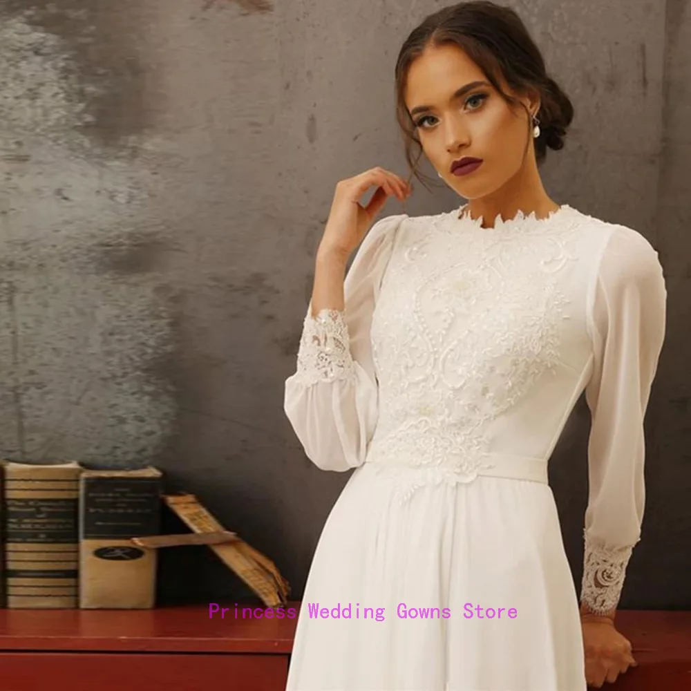 Muçulmano vestidos de casamento mangas compridas chiffon apliques frisado verão vestido de noiva 2022 a linha até o chão zip volta trem varredura