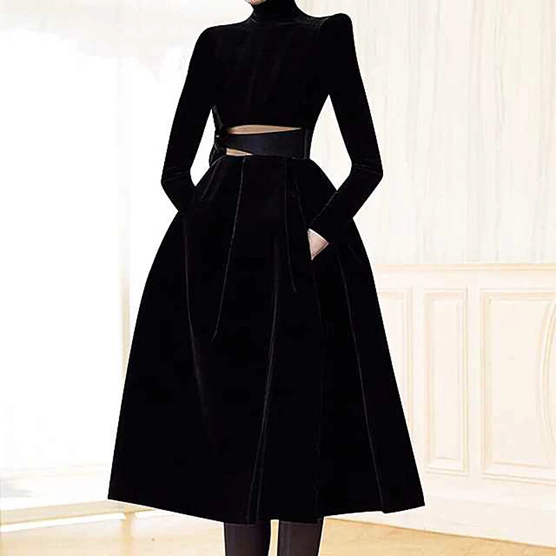 

Runway Designer High Quality Autumn New Women'S Fashion Work Party Sexy Vintage Elegant Unique Slim Chic Black Velvet Midi Dress