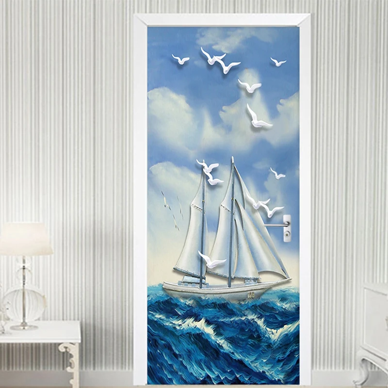 PVC Self-Adhesive Waterproof Door Sticker 3D Stereo Sea Pattern Oil Painting Door Decal Living Room Bathroom Door Stickers
