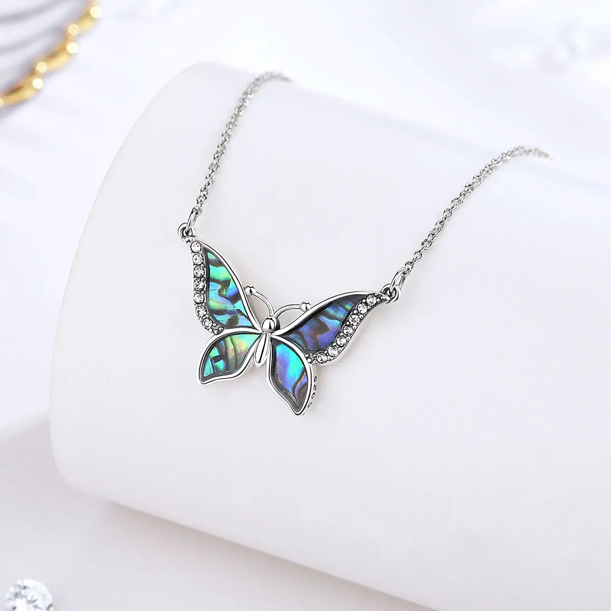 Eudora Real 925 Sterling Silver Abalone Shell Blue Butterfly Crystal Necklace Pendant FIna Fashion Jewelry Gift for Women 040