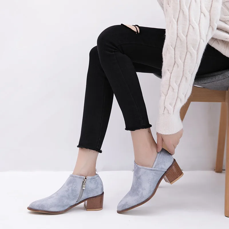 YMECHIC Autumn winterBlock Chunky Heels Women Boots Ankle Blue Brown Side Zipper Pointed Toe Women Shoes Plus Size 34-43