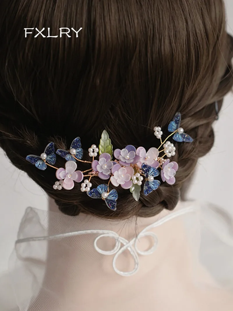 

FXLRY Original Handmade Natural Freshwater Pearl Elegant Vintage Purple Flower Rattan Hairpin Side Clip