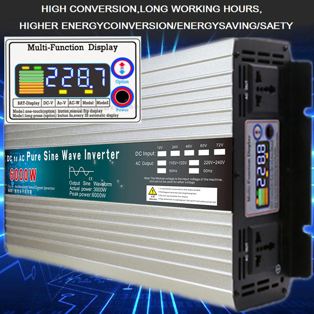 Imagem -05 - Inversor de Energia Solar de Onda Senoidal Pura Transformador de Tensão Conversor 12v 24v 48v 60v a 110v 220v 6000w 8000w