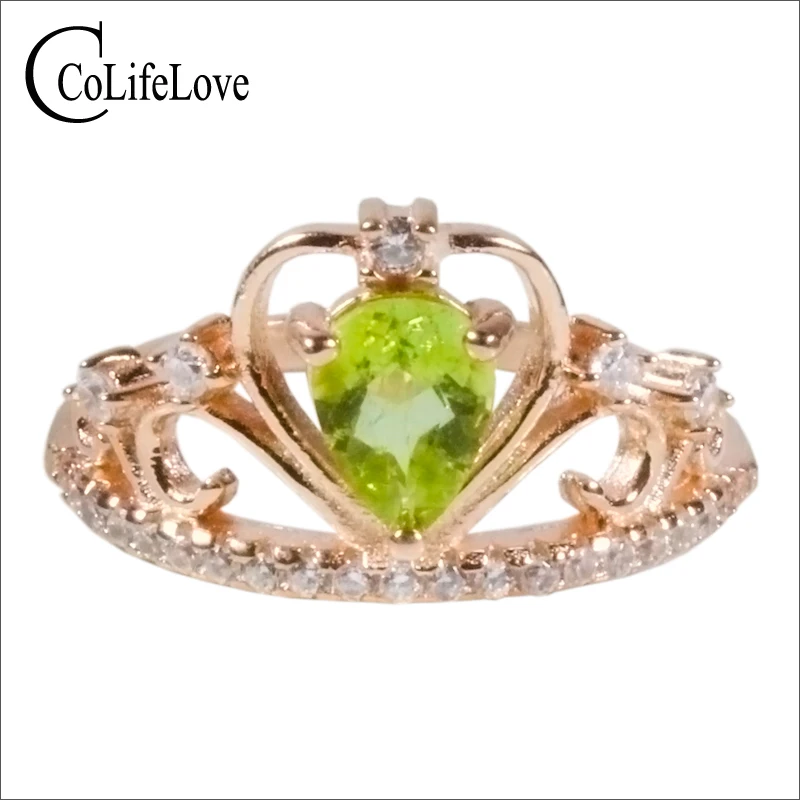 

CoLife Jewelry 100% Natural Olive Tourmaline Ring for Party 5*7mm Pear Cut Tourmaline Silver Ring 925 Silver Crown Ring