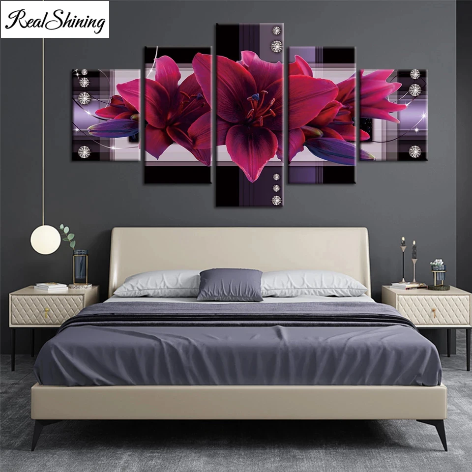 Full Drills Diamond Painting Colorful Lily Flowers Personality Art Living Room Decoration Sofa Background 3D Wall 5 Panel T276