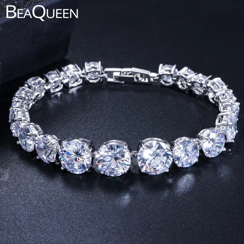 BeaQueen-pulsera de tenis de circonia cúbica para mujer, brazalete de piedra redonda, Zirconia cúbica, Zirconia, circonita, circonita, zirconita, zirconita, Blanco claro, B138