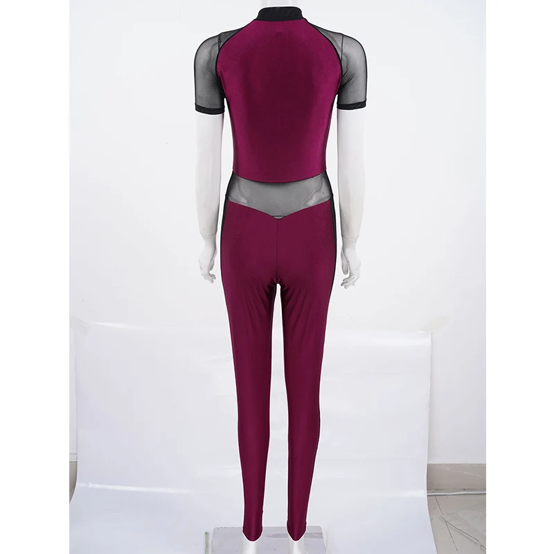 Women Dance Wear Mesh Patchwork Bodycon Bodysuit Jumpsuit Sport Fitness Yoga Pants Unitards Gymnastics Leotard Ballet Costume