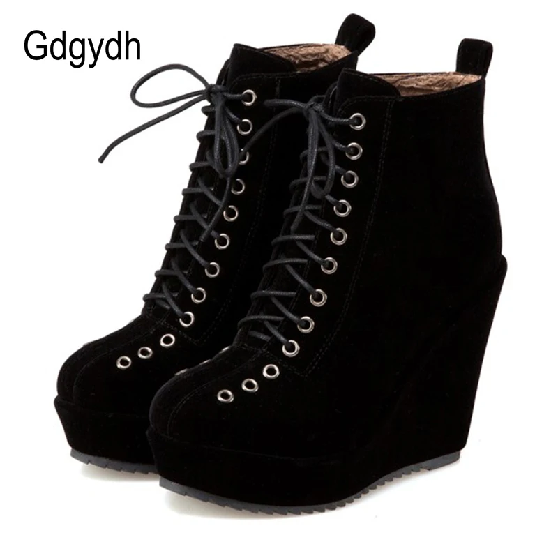 Gdgydh botas femininas plataforma de renda, sapatos curtos de inverno, camurça, salto cunha, preto, punk, gótico, calçados femininos de alta qualidade