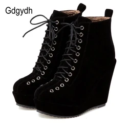 Gdgydh Lace Up Platform Women Ankle Boots Short Winter Shoes Suede Wedge Heels Black Punk Gothic Female Footwear High Quality