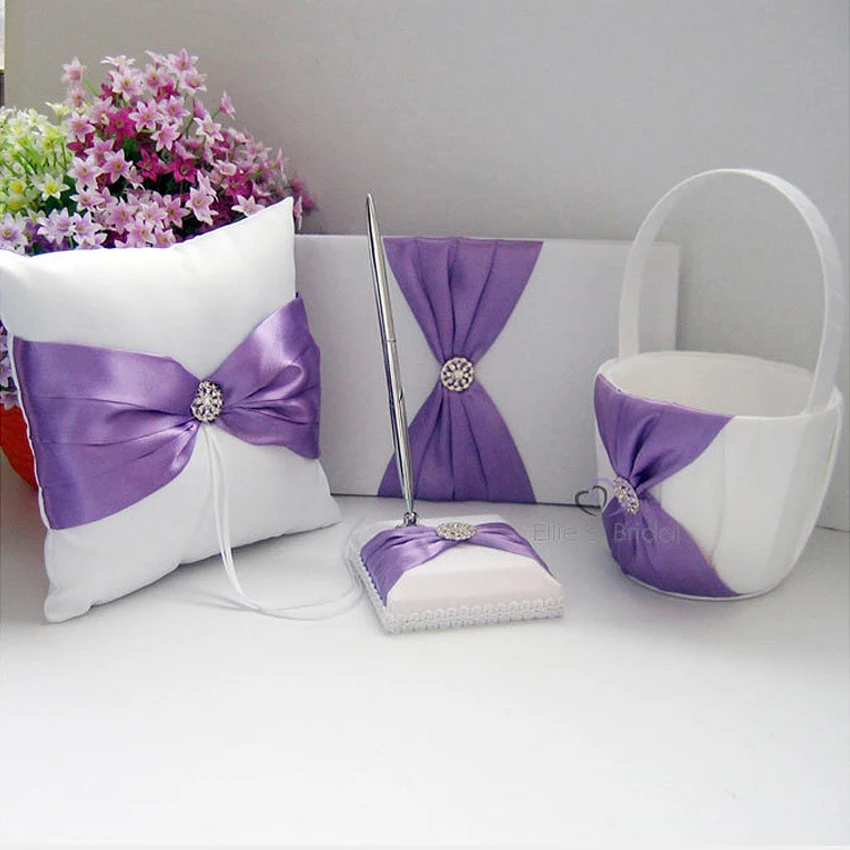 

Violet Satin Wedding Supplies, Ring Pillow Flower Basket, Garter Guest Book Pen Set, Wedding Decoration Accessories, 5Pcs Set