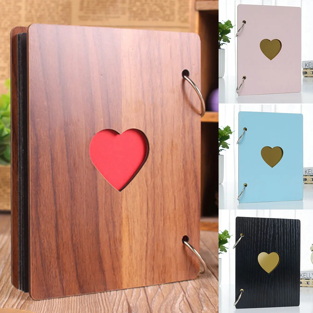 6inch Photo Album Heart Shape Wooden Picture Holder Loose-leaf Baby Growth Family Memory DIY Book with 16pcs Cards Home Decor