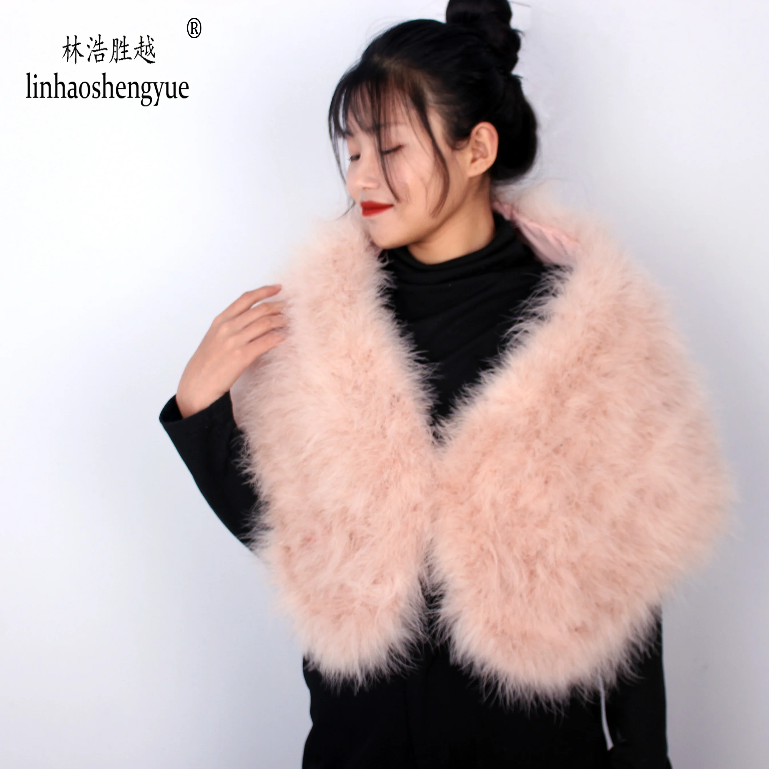 Linhaoshengyue Fashion Ostrich Fur Small Shawl of Length 120cm
