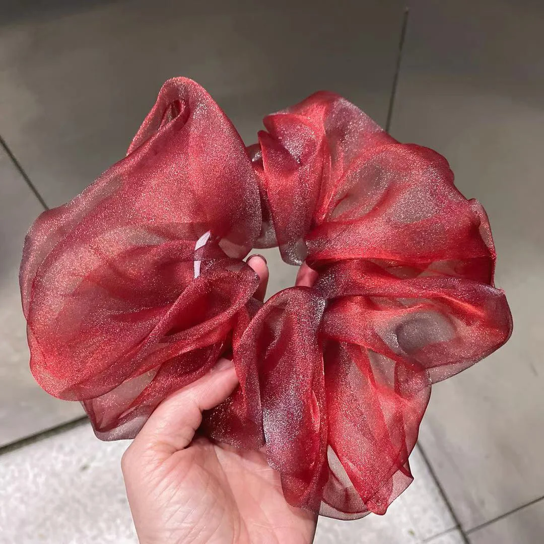 Korean Oversized Premium Shiny Organza Hair Scrunchies Statement Solid Transparent Hair Band Women Fashion Hair Rope Headdress