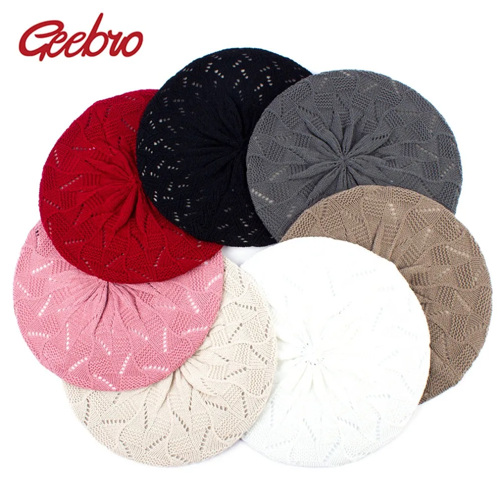 Geebro French Fashion Solid Color Knitted Berets Ladies Artist Soft Caps Women\'s Spring New Casual Thin Acrylic Hats Bonnet