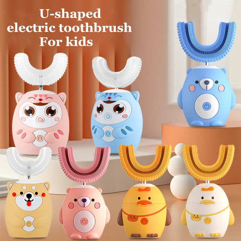 

Children's Electric Toothbrush U-shaped 360° Automatic Sonic Tooth Brush Cartoon Pattern for Kids With Mouthpiece Blue Light