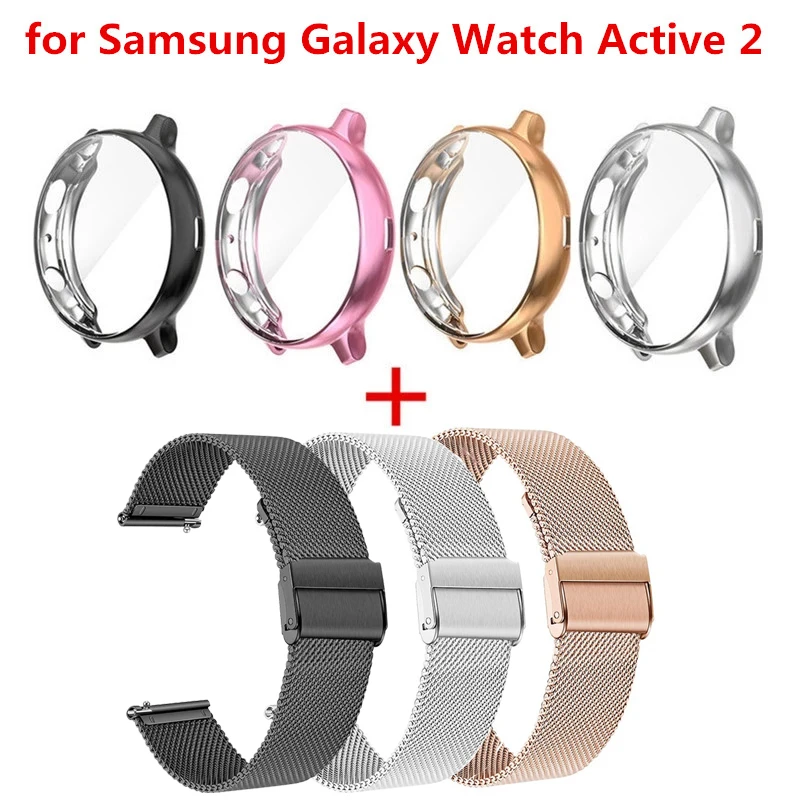 삼성 갤럭시 워치 액티브 2 44mm 스트랩 케이스 보호 필름, 스테인레스 스틸 금속 팔찌 밴드 액티브 40mm 시계 케이스