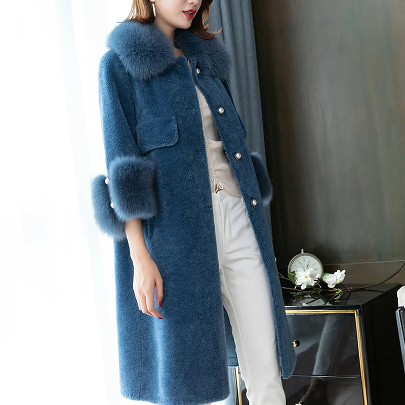 Sheep Shearing Overcoat Women 2020 Real Fox Fur Coat Female Jacket Long Winter Warm Lamb Fur Coats Parka Real Fur LWL1175