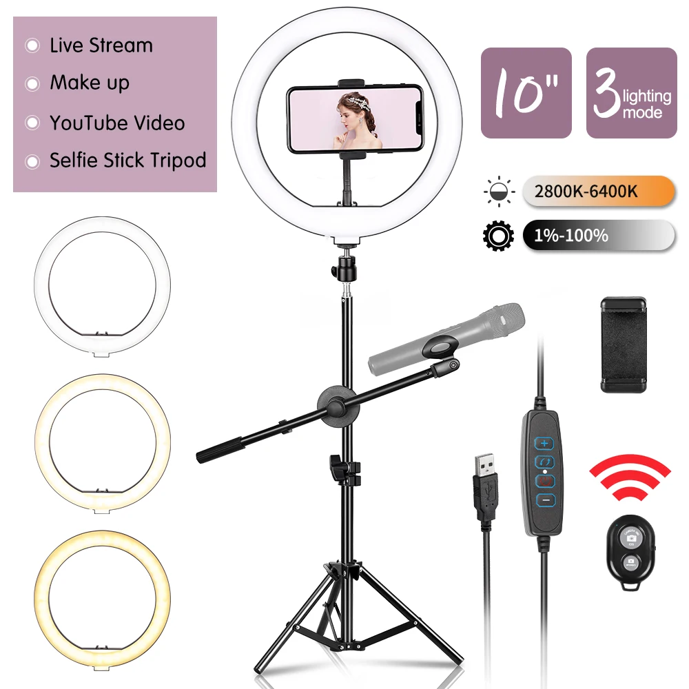 10inch LED Ring Light Photography Selfie Ring Lighting with Tripod Stand for Smartphone Youtube Makeup Video Studio Ring Lamp