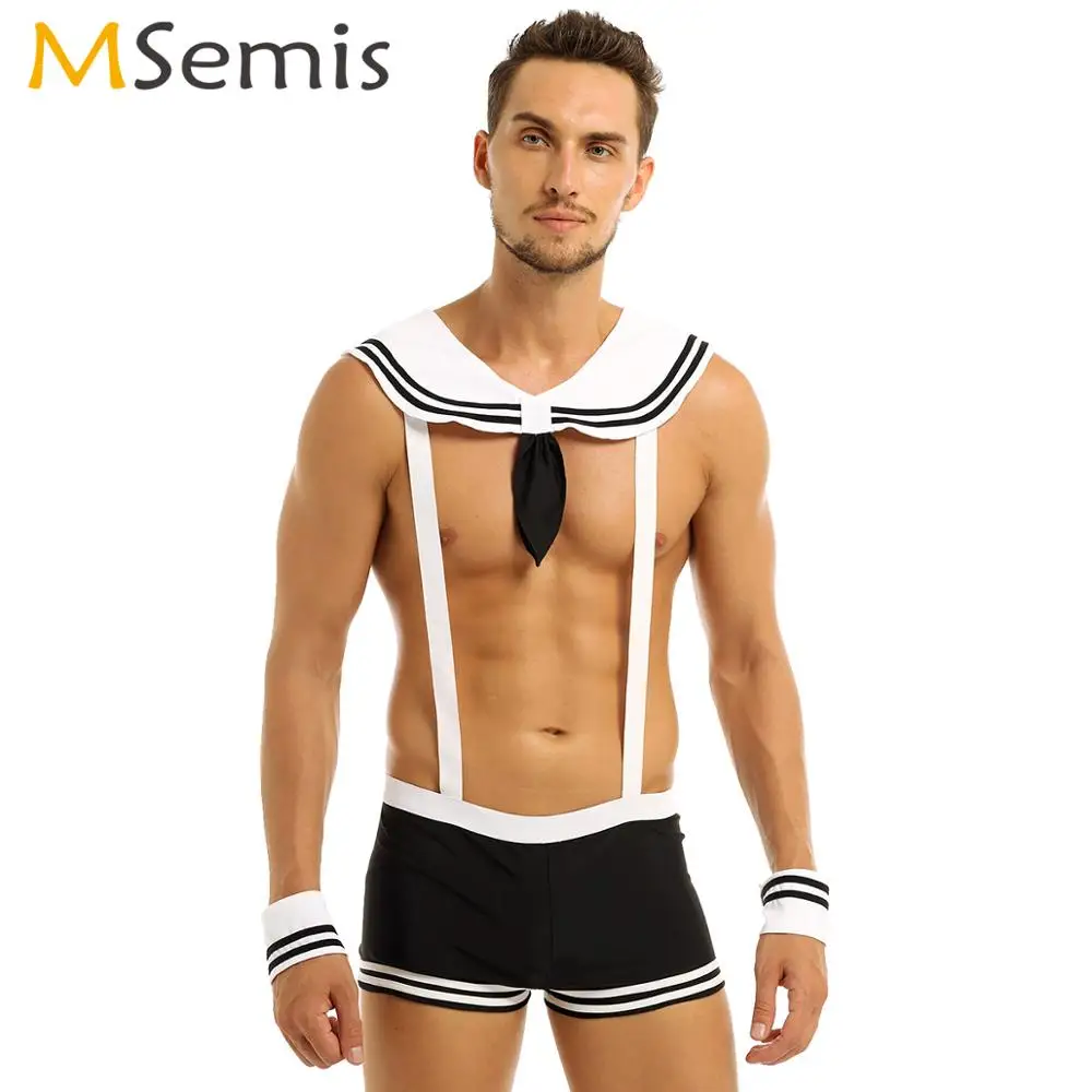 

Men Erotic Sailor Lingerie Set Cosplay Naughty Uniform Sexy Suspenders Boxer Briefs with Collar Cuffs Fantasias Roleplay Costume