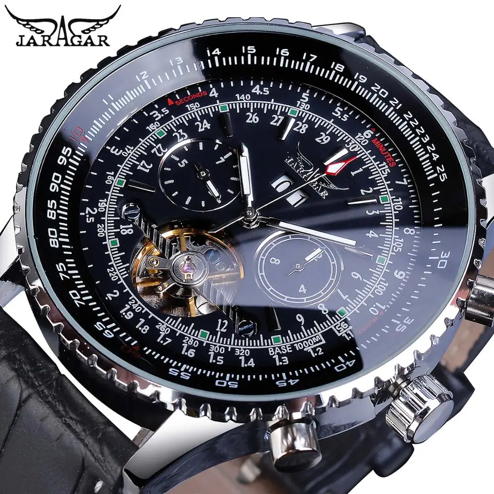 

Jaragar Pilot Design Skeleton Automatic Watch Men Tourbillon Date Multifunction Mechanical Genuine Leather Business Watches Gift