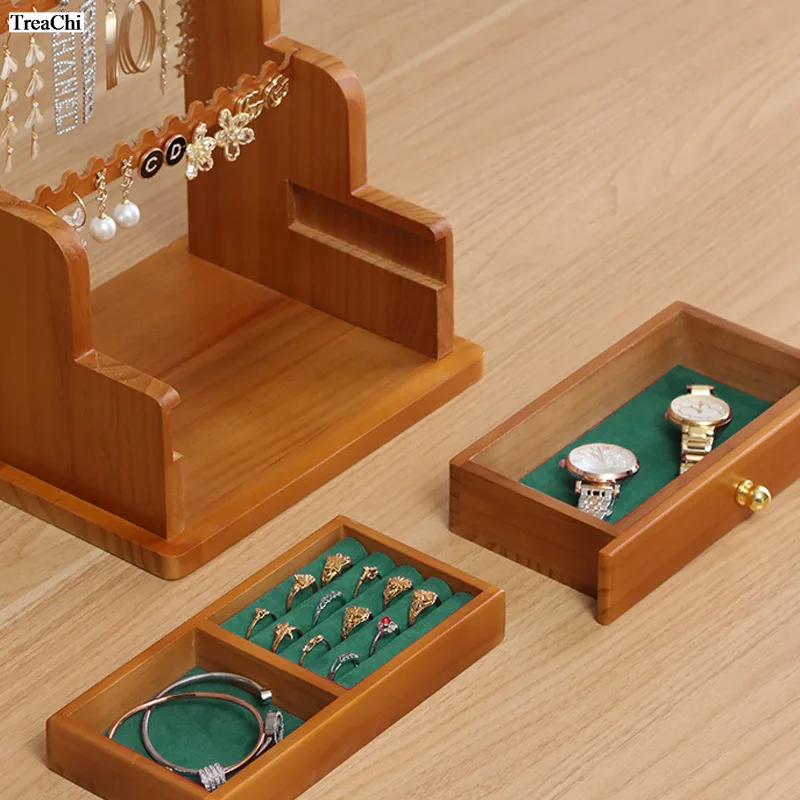خزانة عرض مجوهرات من الخشب الصلب العتيق - رف متعدد الوظائف من نوع الدرج لتخزين قلادة السوار - منظم عتيق #3