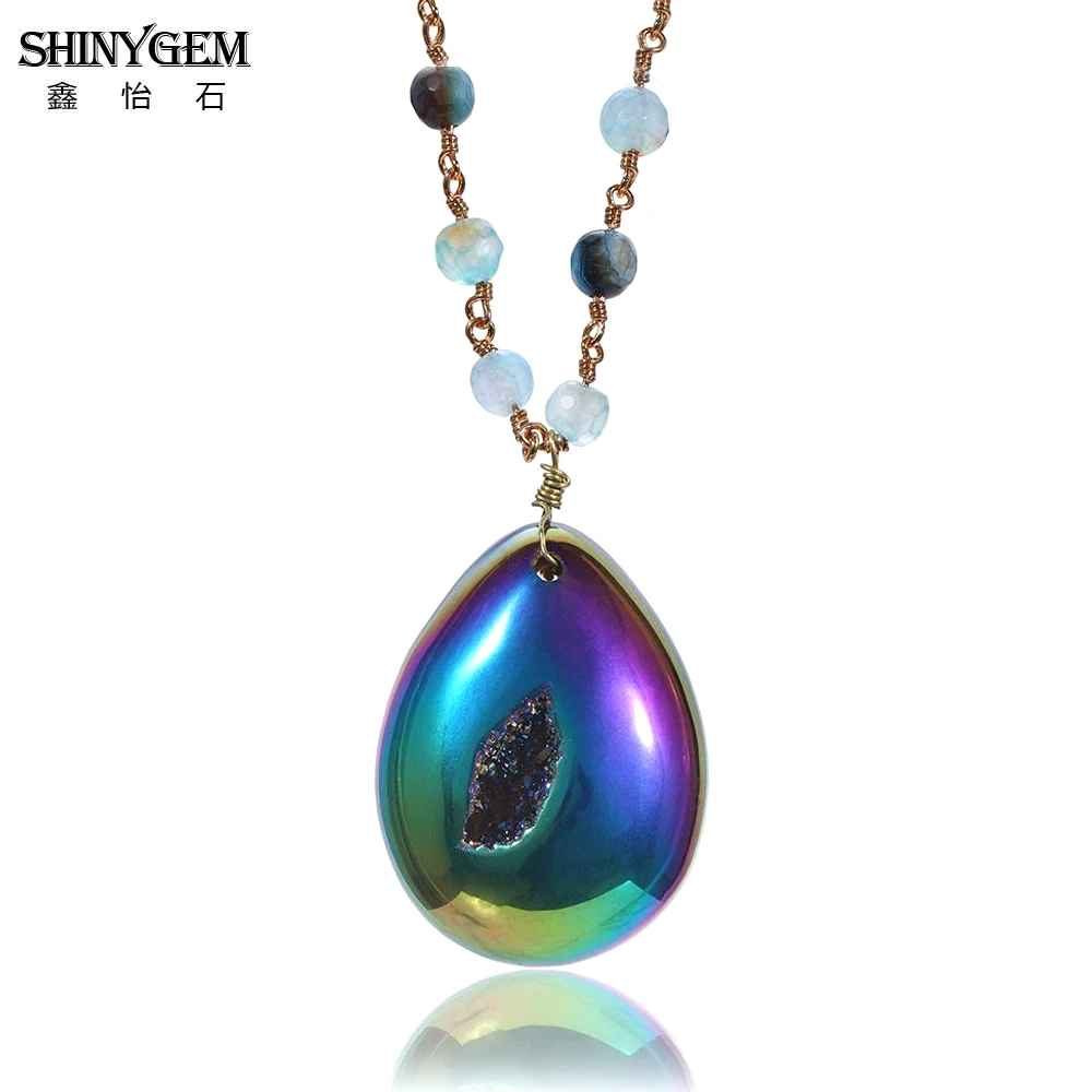 ShinyGem 30*40mm Natural Crystal Agate Chocker Bead Chain Rainbow Minerals Geode Gem Stone Pendant Necklaces For Women