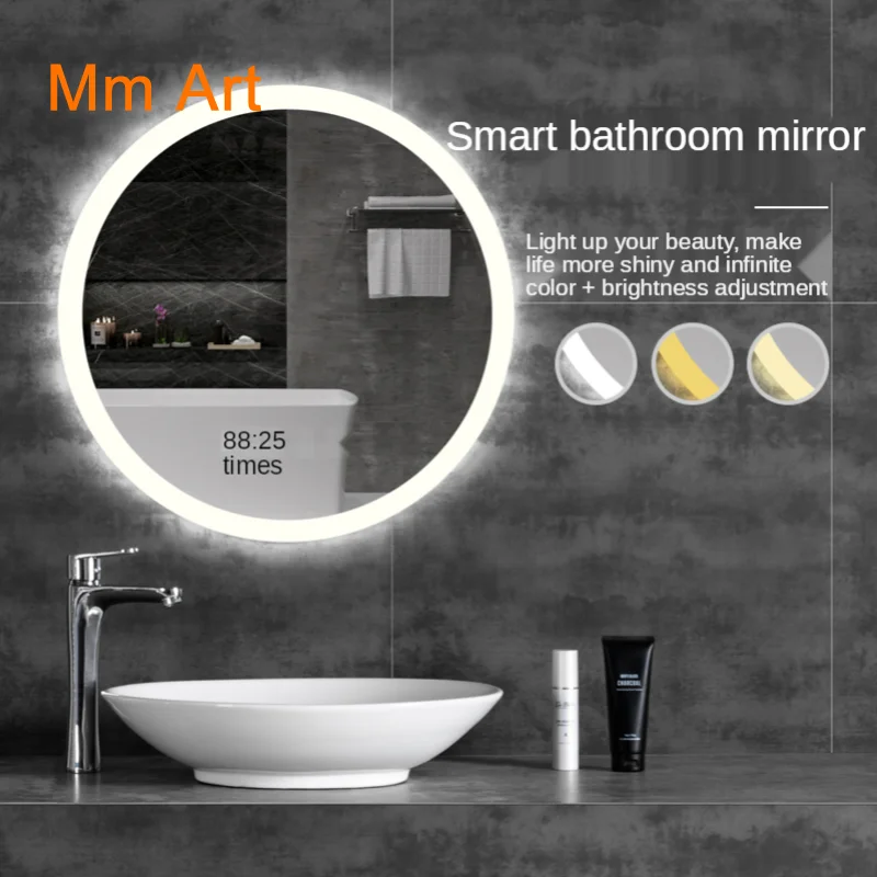 60CM Nordic Hand Washing  Wall Hanging LED Luminous Light Mirror round with Light Toilet Mirror Smart Anti-Fog Bathroom Mirror