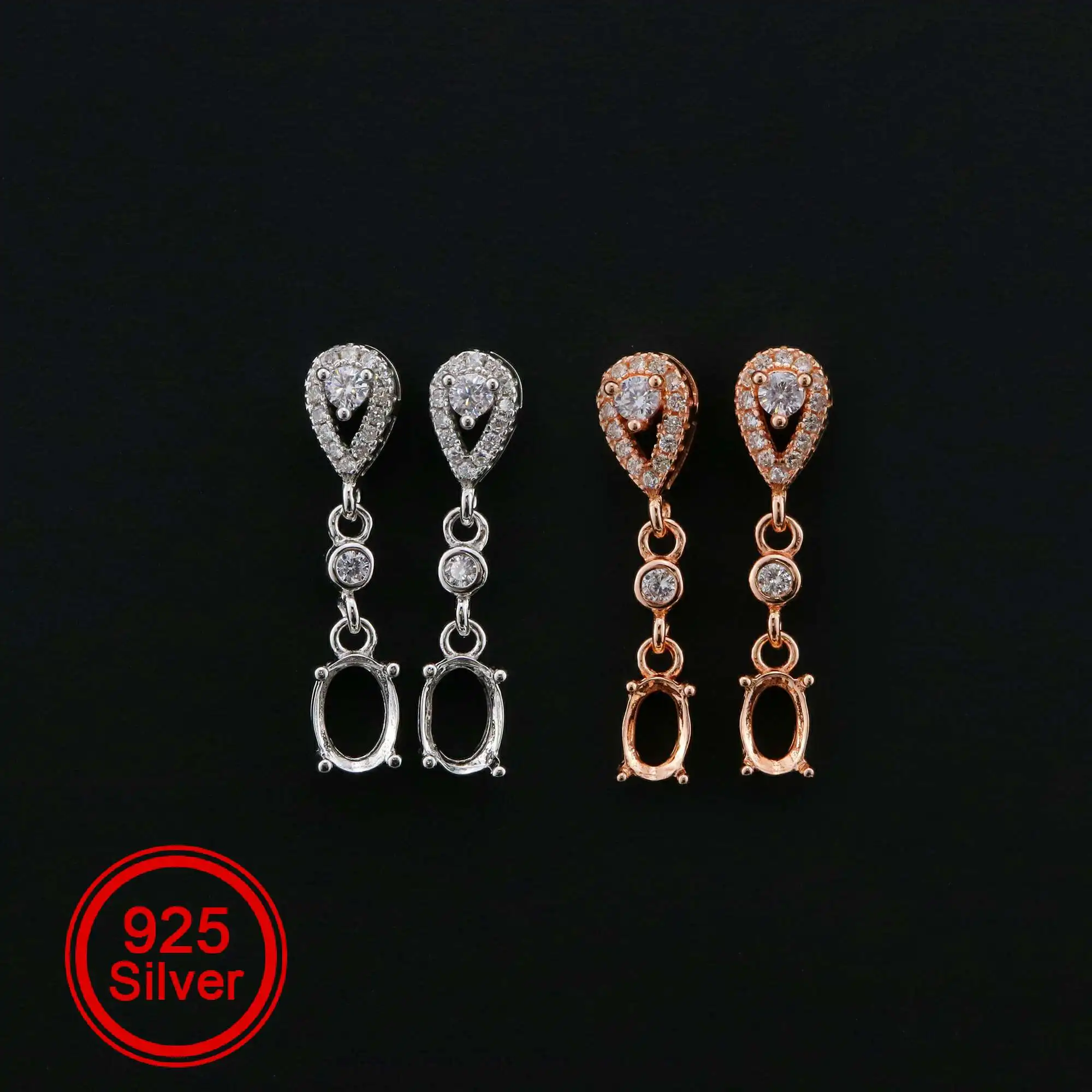 

1Pair Oval Studs Earrings Settings Drop Luxury Rose Gold Plated Solid 925 Sterling Silver Bezel DIY Supplies for Gemstone1706060